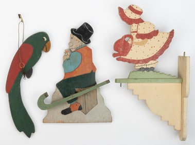 ASSORTED FOLK ART CUT-OUT AND PAINTED WOODEN DECORATIVE ARTICLES, LOT OF THREE