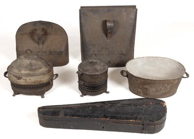 ASSORTED SHEET-IRON AND OTHER DOMESTIC ACCESSORIES, LOT OF SIX