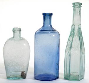 ASSORTED COMMERCIAL BOTTLES AND FLASK, LOT OF THREE