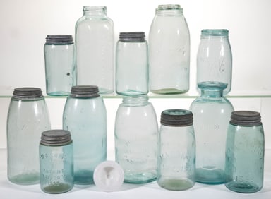 ASSORTED GLASS FRUIT JARS AND ACCESSORIES, LOT OF 13