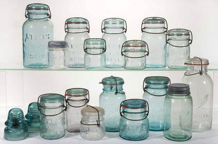 ASSORTED GLASS-TOP AND OTHER FRUIT JARS AND INSULATORS, LOT OF 18