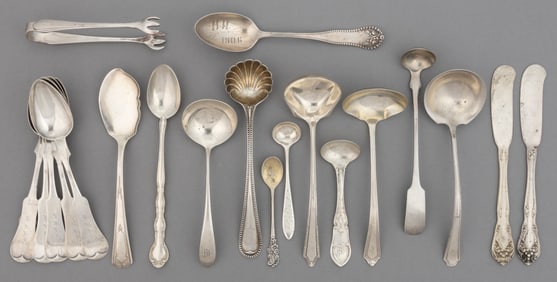 GORHAM AND OTHER STERLING AND COIN SILVER FLATWARE AND SERVING UTENSILS, LOT OF 20