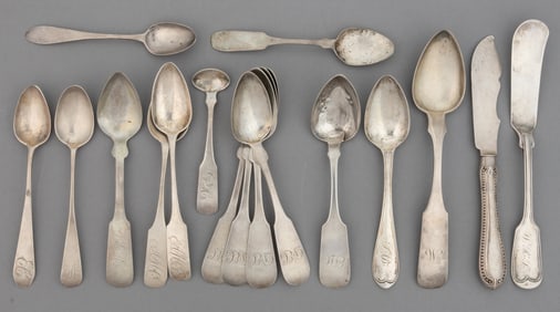 AMERICAN COIN SILVER SPOONS AND BUTTER KNIFES, LOT OF 17