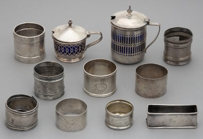 ASSORTED STERLING AND OTHER SILVER NAPKIN RINGS AND MUSTARD POTS, LOT OF 11