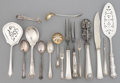 GORHAM AND OTHER STERLING AND SILVER-PLATED FLATWARE AND SERVING UTENSILS, LOT OF 16
