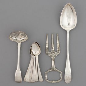ENGLISH AND SCOTTISH GEORGIAN STERLING SILVER SPOONS AND LADLE, LOT OF EIGHT