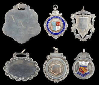 ANTIQUE / VINTAGE STERLING AND OTHER SILVER LUGGAGE TAGS AND SPORTS MEDALS, LOT OF SIX
