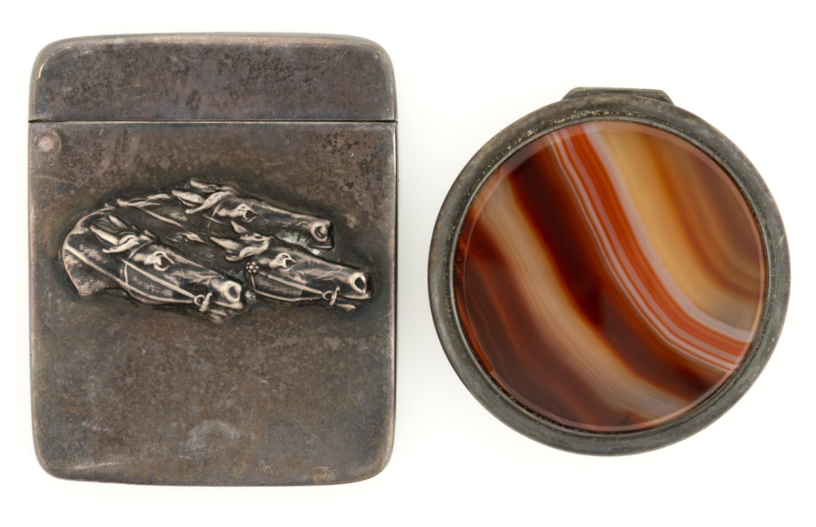 ASSORTED STERLING MATCH SAFE AND SILVER-PLATED PILL BOX, LOT OF TWO: ASSORTED STERLING MATCH SAFE AND SILVER-PLATED PILL BOX, LOT OF TWO, comprising a sterling silver match safe featuring a bas-relief racing horse design to one side and engraved "CPH" monogra