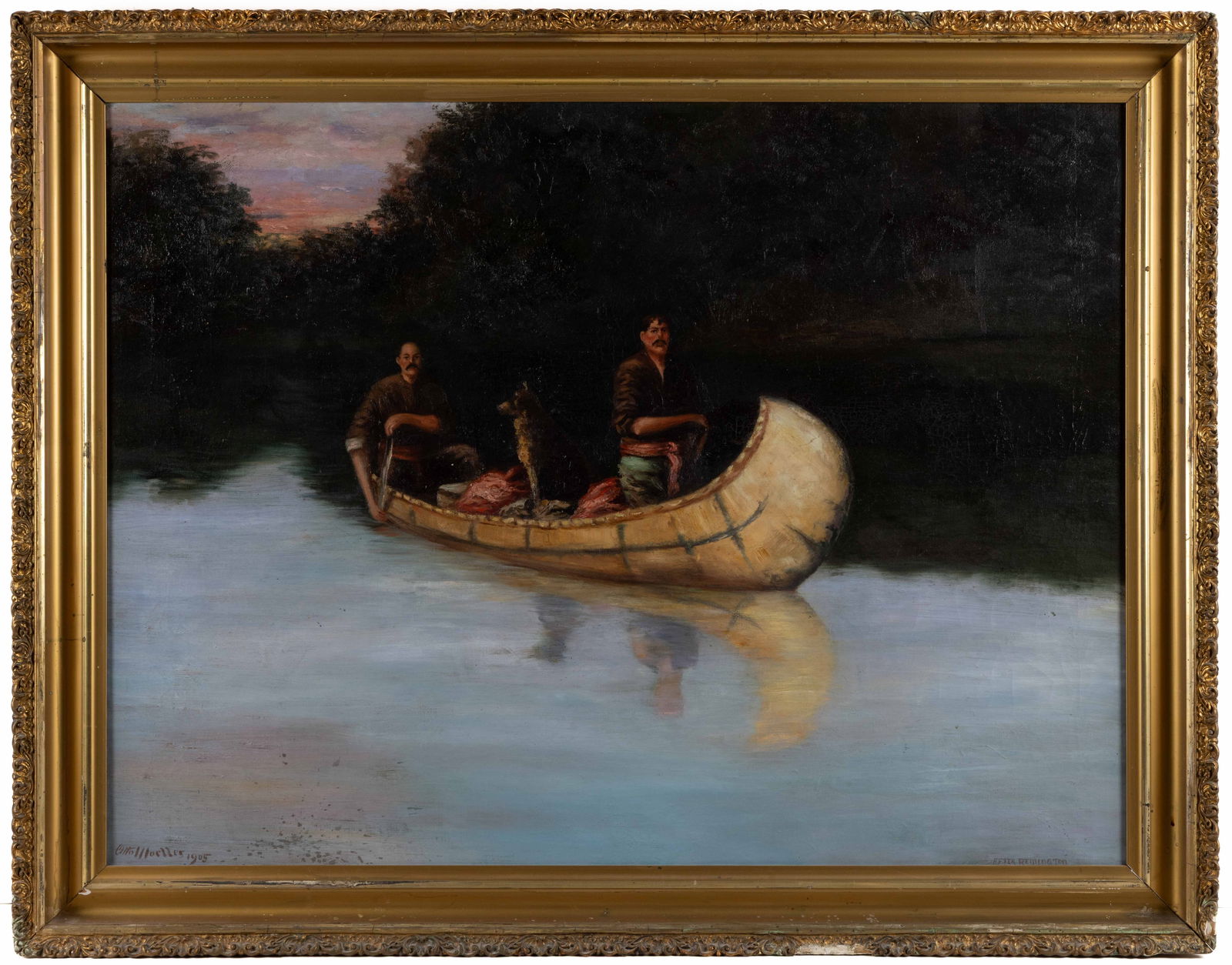 AMERICAN SCHOOL (19TH CENTURY) PAINTING OF HUNTERS IN A CANOE: AMERICAN SCHOOL (19TH CENTURY) PAINTING OF HUNTERS IN A CANOE, oil on canvas, depicting two men with their dog in a birch canoe rowing down a river. Signed and dated "Otto Mueller / 1905" lo