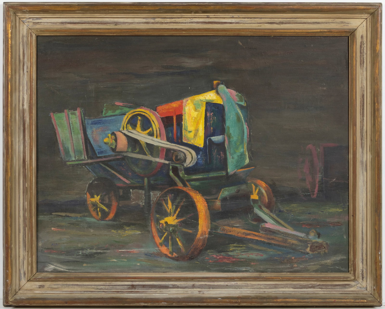 AMERICAN SCHOOL (20TH CENTURY) IMPRESSIONIST PAINTING OF A FARM IMPLEMENT: AMERICAN SCHOOL (20TH CENTURY) IMPRESSIONIST PAINTING OF A FARM IMPLEMENT, oil on canvas, featuring a piece of farm equipment in various imaginative polychrome colors. No signature located. 