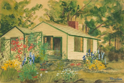 AMERICAN SCHOOL (20TH CENTURY) ARTS AND CRAFTS ERA PAINTING OF A COTTAGE