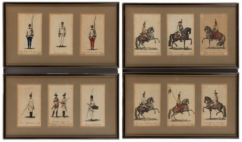 TRANQUILLO MOLLO (SWISS / ITALIAN, 1767-1837) MILITARY ENGRAVINGS, LOT OF 12 (IN FOUR FRAMES)