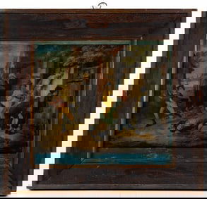 BRITISH PRINT ON GLASS IN PAINT-DECORATED FRAME