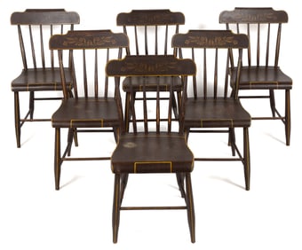 ROCKINGHAM CO., SHENANDOAH VALLEY OF VIRGINIA PAINT-DECORATED PLANK-BOTTOM CHAIRS, SET OF SIX