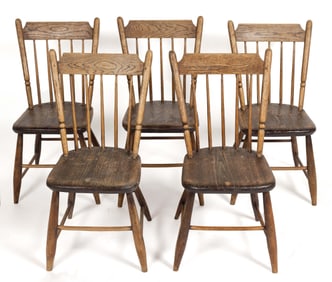ROCKINGHAM CO., SHENANDOAH VALLEY OF VIRGINIA WINDSOR PLANK-BOTTOM SIDE CHAIRS, SET OF FIVE