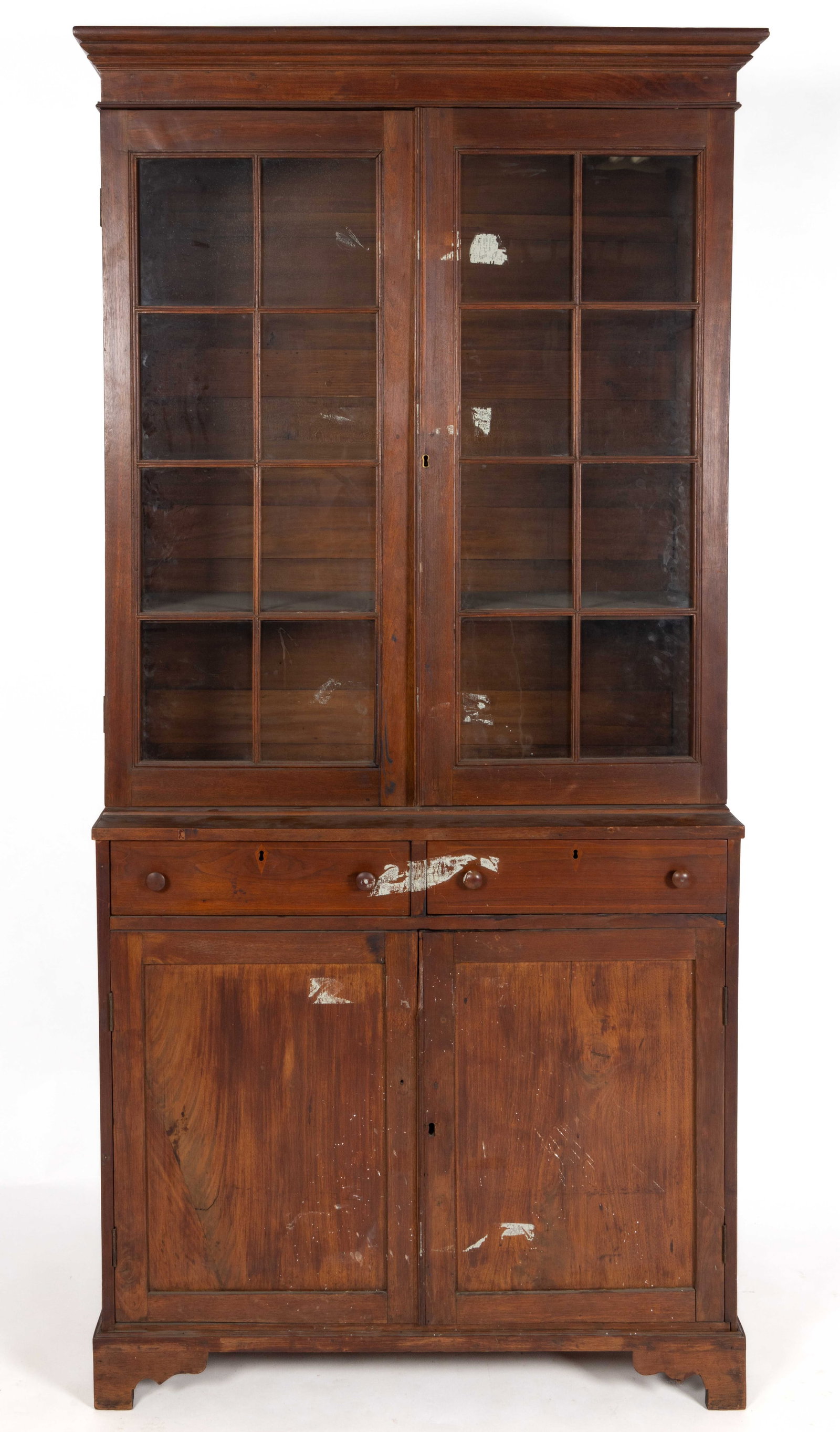 AMERICAN FEDERAL-STYLE BENCH-MADE INLAID WALNUT BOOK / JACKSON PRESS: AMERICAN FEDERAL-STYLE BENCH-MADE INLAID WALNUT BOOK / JACKSON PRESS, of single-piece construction, the top with a stepped molded cornice over two glazed hinged cabinet doors, two short drawers having