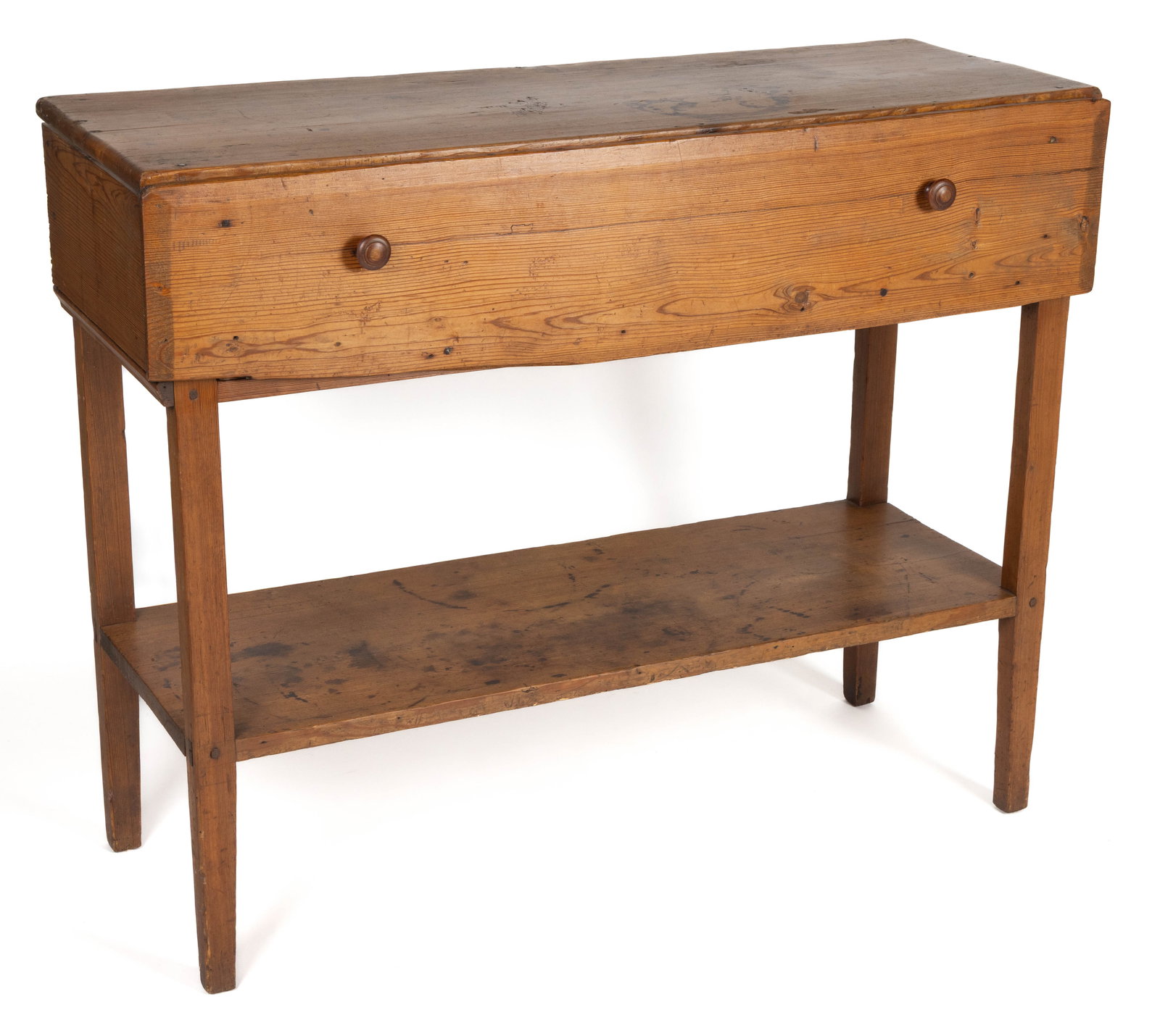 SOUTHERN YELLOW PINE HUNTBOARD / SERVER: SOUTHERN YELLOW PINE HUNTBOARD / SERVER, diminutive vernacular form with single full drawer, square-tapered legs and lower shelf, retaining possibly original turned wooden knobs, and an old refinished