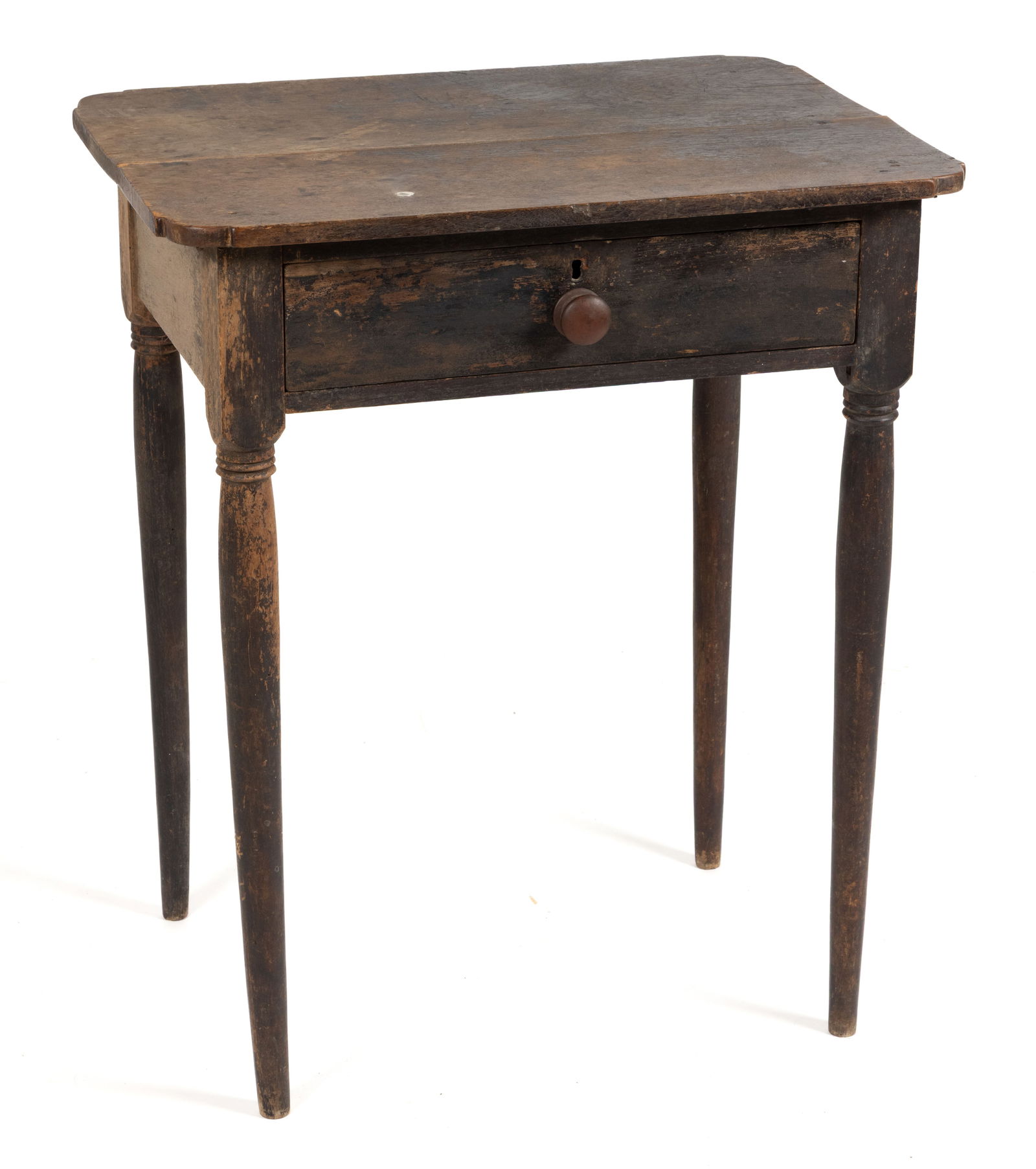 SOUTHERN LATE FEDERAL WALNUT STAND TABLE: SOUTHERN LATE FEDERAL WALNUT STAND TABLE, the two-board top with shaped corners over a single full drawer raised on turned legs. Yellow pine secondary wood. Retaining an early black-painted surface. S