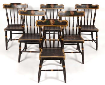 PENNSYLVANIA PAINT-DECORATED PLANK SEAT DINING CHAIRS, LOT OF SIX