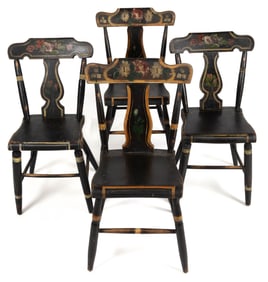 PENNSYLVANIA PAINT-DECORATED PLANK SEAT SIDE CHAIRS, LOT OF FOUR