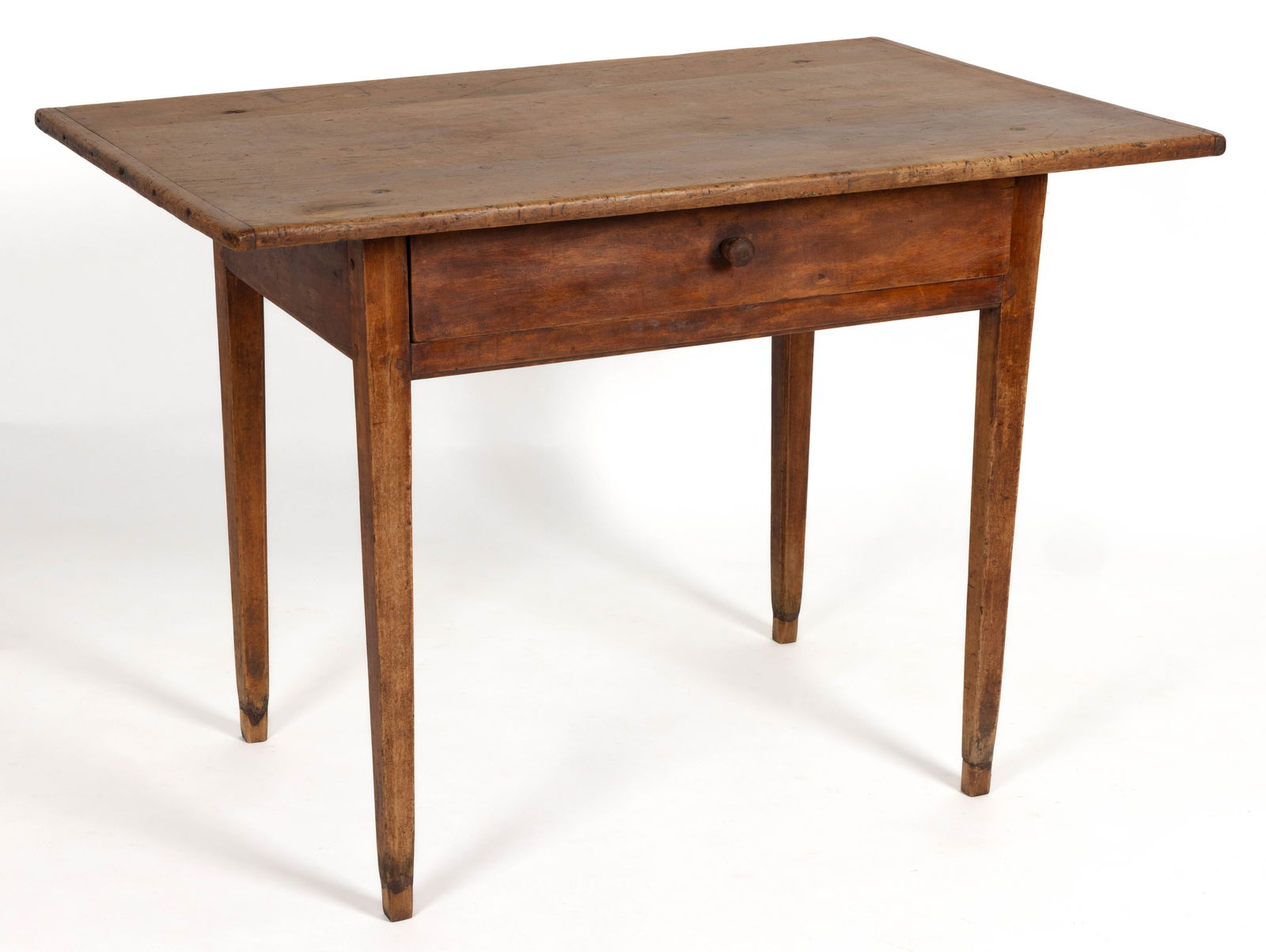 NEW ENGLAND PINE AND BIRCH WORK TABLE: NEW ENGLAND PINE AND BIRCH WORK TABLE, two-board scrubbed top over single full drawer raised on square tapered legs, base retaining possibly original red wash. Late 18th/early 19th century. 30" H