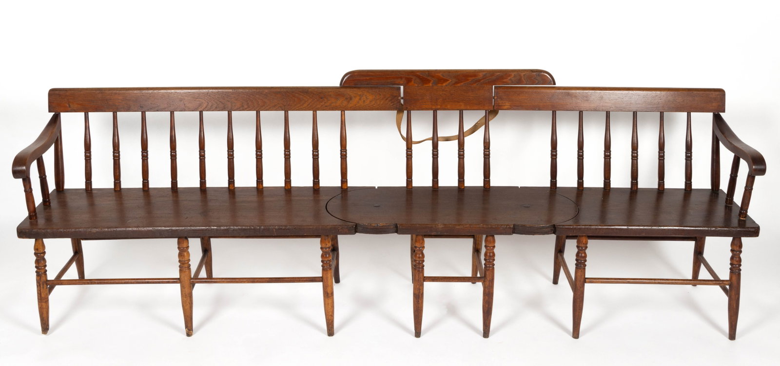 UNUSUAL SIGNED NEW YORK WINDSOR-STYLE SCHOOL OR CHURCH BENCH: UNUSUAL SIGNED NEW YORK WINDSOR-STYLE SCHOOL OR CHURCH BENCH, (updated 8/28/2025) oak or hickory and poplar, the swivel-seat form with tablet and spindle back, plank seat, which swivels at two po