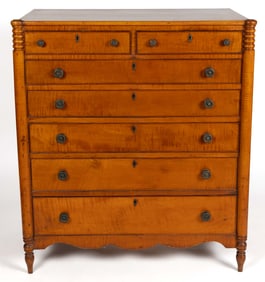AMERICAN LATE FEDERAL FIGURED TIGER MAPLE CHEST OF DRAWERS