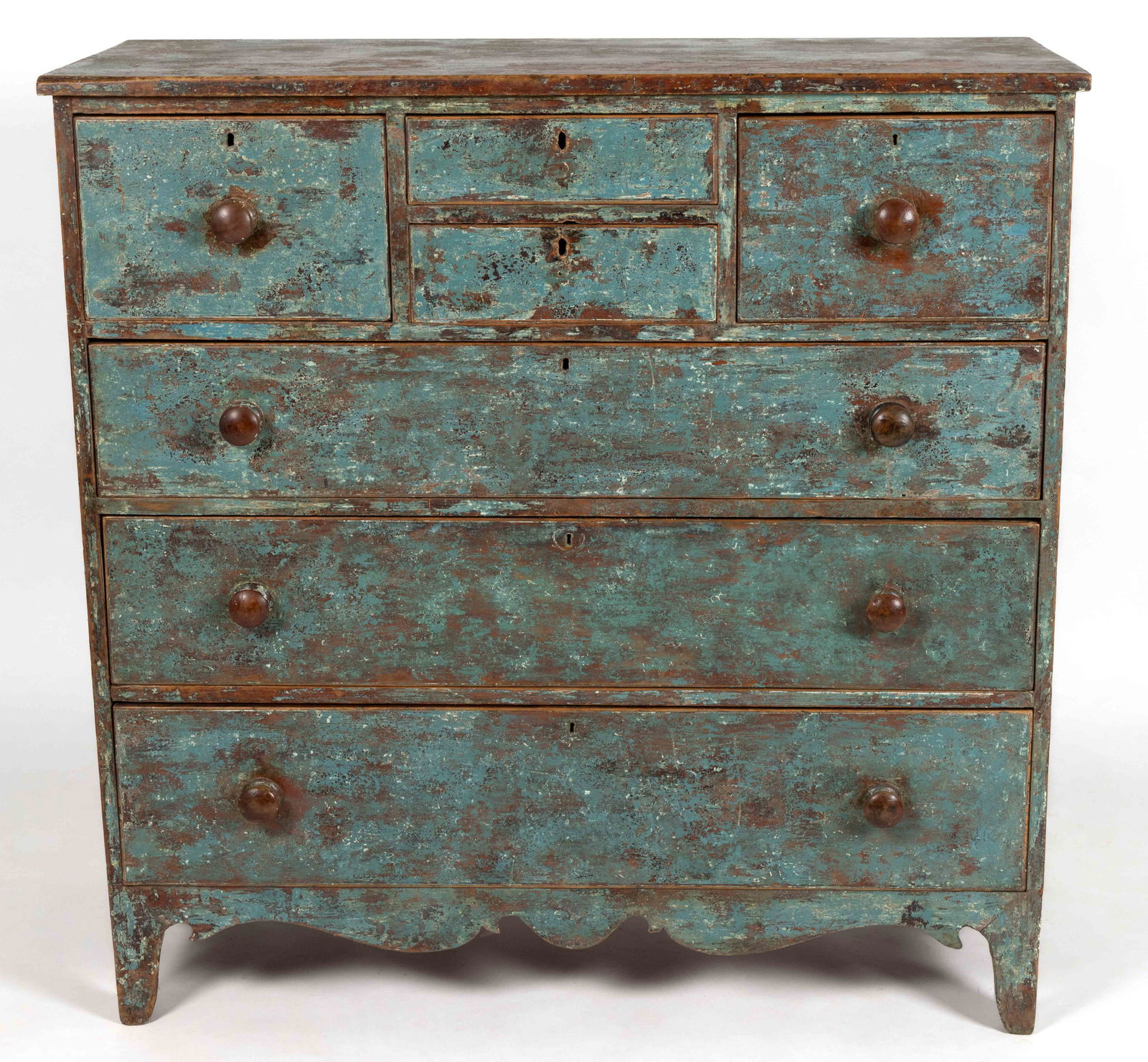 AMERICAN LATE FEDERAL PAINTED WALNUT CHEST OF DRAWERS: AMERICAN LATE FEDERAL PAINTED WALNUT CHEST OF DRAWERS, the rectangular top over two hat drawers which flank two short drawers over three full drawers, the whole flanked by solid ends, raised on modifi