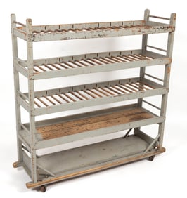 AMERICAN INDUSTRIAL PAINTED WOODEN ROLLING SHOE CART