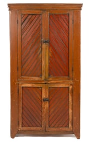 AMERICAN PAINTED POPLAR AND PINE DIMINUTIVE CORNER CUPBOARD