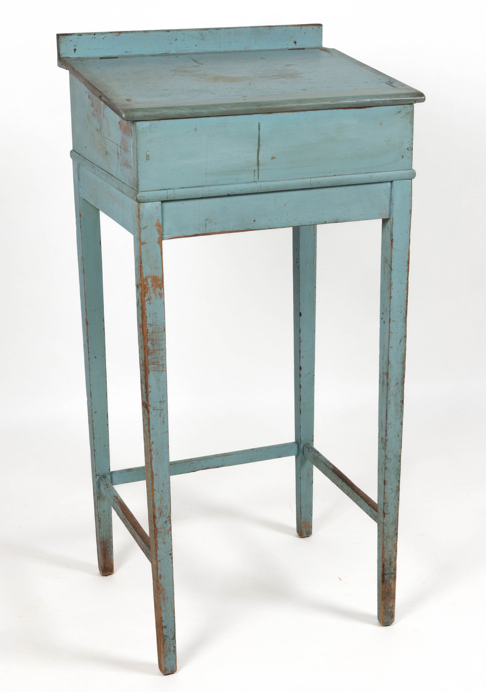 AMERICAN PAINTED POPLAR SCHOOLMASTER'S DESK / LECTERN: AMERICAN PAINTED POPLAR SCHOOLMASTER'S DESK / LECTERN, the hinged slanted top over an open interior well, the whole supported by tall square tapered legs connected by a box stretcher on three side