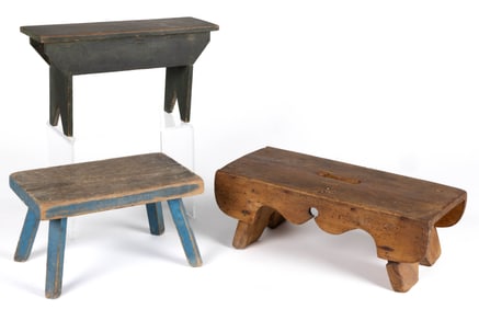 AMERICAN PINE AND POPLAR FOOT STOOLS, LOT OF THREE