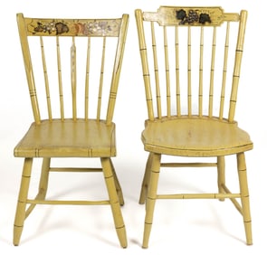 AMERICAN PAINT-DECORATED MIXED-WOOD PLANK-SEAT SIDE CHAIRS, LOT OF TWO