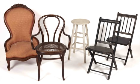 ASSORTED ANTIQUE AND VINTAGE CHAIRS AND STOOLS, LOT OF FIVE