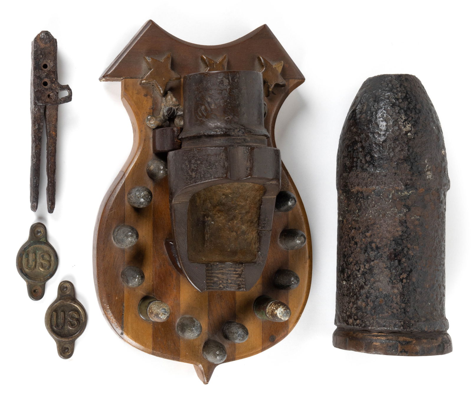 CIVIL WAR EXCAVATED ARTIFACTS, LOT OF 20: CIVIL WAR EXCAVATED ARTIFACTS, LOT OF 20, comprising cut shell surrounded by bullets, etc., mounted on a wooden plaque, all dug at the Fisher's Hill battlefield in 1942 by Martha Sisson's fath