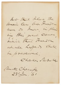 ABOLITIONIST SENATOR CHARLES SUMNER (1811-1874) AUTOGRAPHED / SIGNED QUOTE FROM HIS "LANDMARK OF