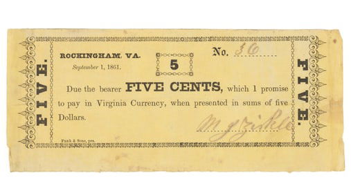 UNLISTED ROCKINGHAM CO., SHENANDOAH VALLEY OF VIRGINIA CIVIL WAR OBSOLETE CURRENCY / PRIVATE SCRIP