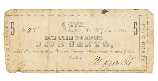 RARE ROCKINGHAM CO., SHENANDOAH VALLEY OF VIRGINIA CIVIL WAR OBSOLETE CURRENCY / PRIVATE SCRIP NOTE