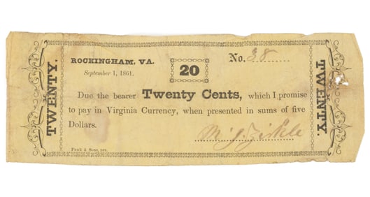 RARE ROCKINGHAM CO., SHENANDOAH VALLEY OF VIRGINIA CIVIL WAR OBSOLETE CURRENCY / PRIVATE SCRIP NOTE