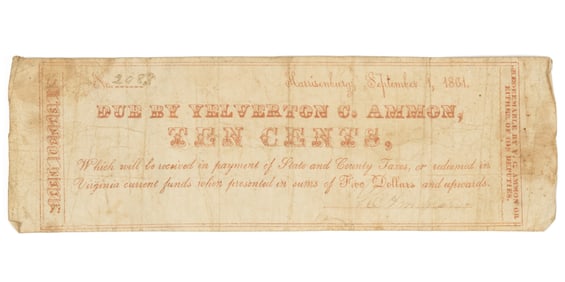 RARE ROCKINGHAM CO., SHENANDOAH VALLEY OF VIRGINIA CIVIL WAR OBSOLETE CURRENCY / SHERIFF'S NOTE