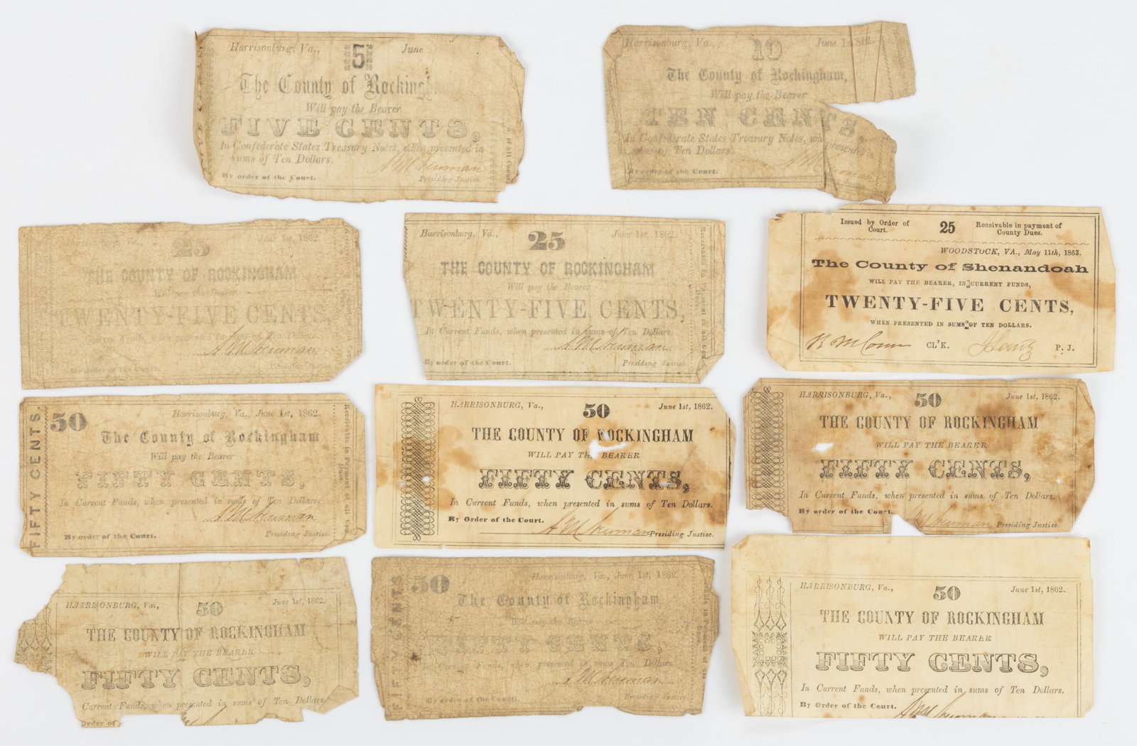 ASSORTED SHENANDOAH VALLEY OF VIRGINIA CIVIL WAR OBSOLETE CURRENCY / COUNTY NOTES, LOT OF 11: ASSORTED SHENANDOAH VALLEY OF VIRGINIA CIVIL WAR OBSOLETE CURRENCY / COUNTY NOTES, LOT OF 11, all dated June 1st, 1862, comprising a 25-cent Shenandoah Co., and ten Rockingham Co. in 5, 10, 25, and 50