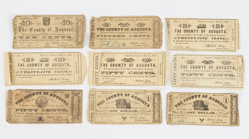 AUGUSTA CO., SHENANDOAH VALLEY OF VIRGINIA CIVIL WAR OBSOLETE CURRENCY / COUNTY NOTES, LOT OF NINE