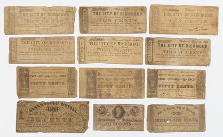 ASSORTED CIVIL WAR VIRGINIA AND OTHER OBSOLETE CURRENCY / NOTES, LOT OF 12