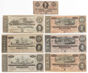 CONFEDERATE STATES CIVIL WAR OBSOLETE CURRENCY / NOTES, LOT OF SEVEN