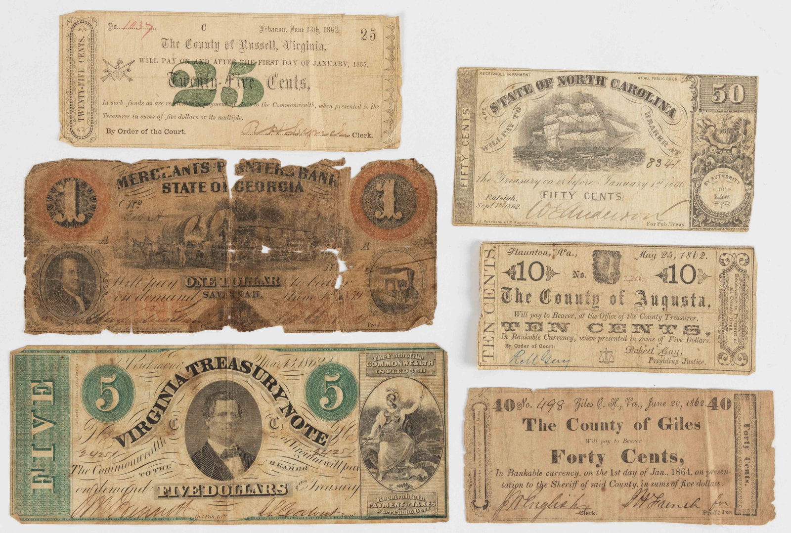 ASSORTED CIVIL WAR VIRGINIA AND OTHER OBSOLETE CURRENCY / NOTES, LOT OF SIX: ASSORTED CIVIL WAR VIRGINIA AND OTHER OBSOLETE CURRENCY / NOTES, LOT OF SIX, comprising 25-cent County of Russell, VA; 10-cent County of Augusta, Staunton, VA; 40-cent County of Giles, VA; $5 Virginia