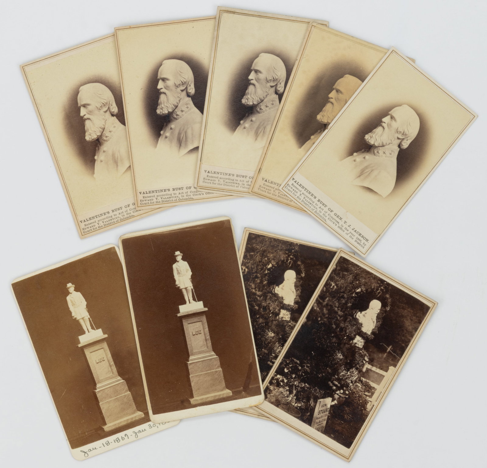 CIVIL WAR CONFEDERATE GENERAL CDV PHOTOGRAPHS, LOT OF NINE: CIVIL WAR CONFEDERATE GENERAL CDV PHOTOGRAPHS, LOT OF NINE, each albumen print on card-stock of works by Edward V. Valentine (Richmond, VA, 1838-1930), comprising six titled "Valen
