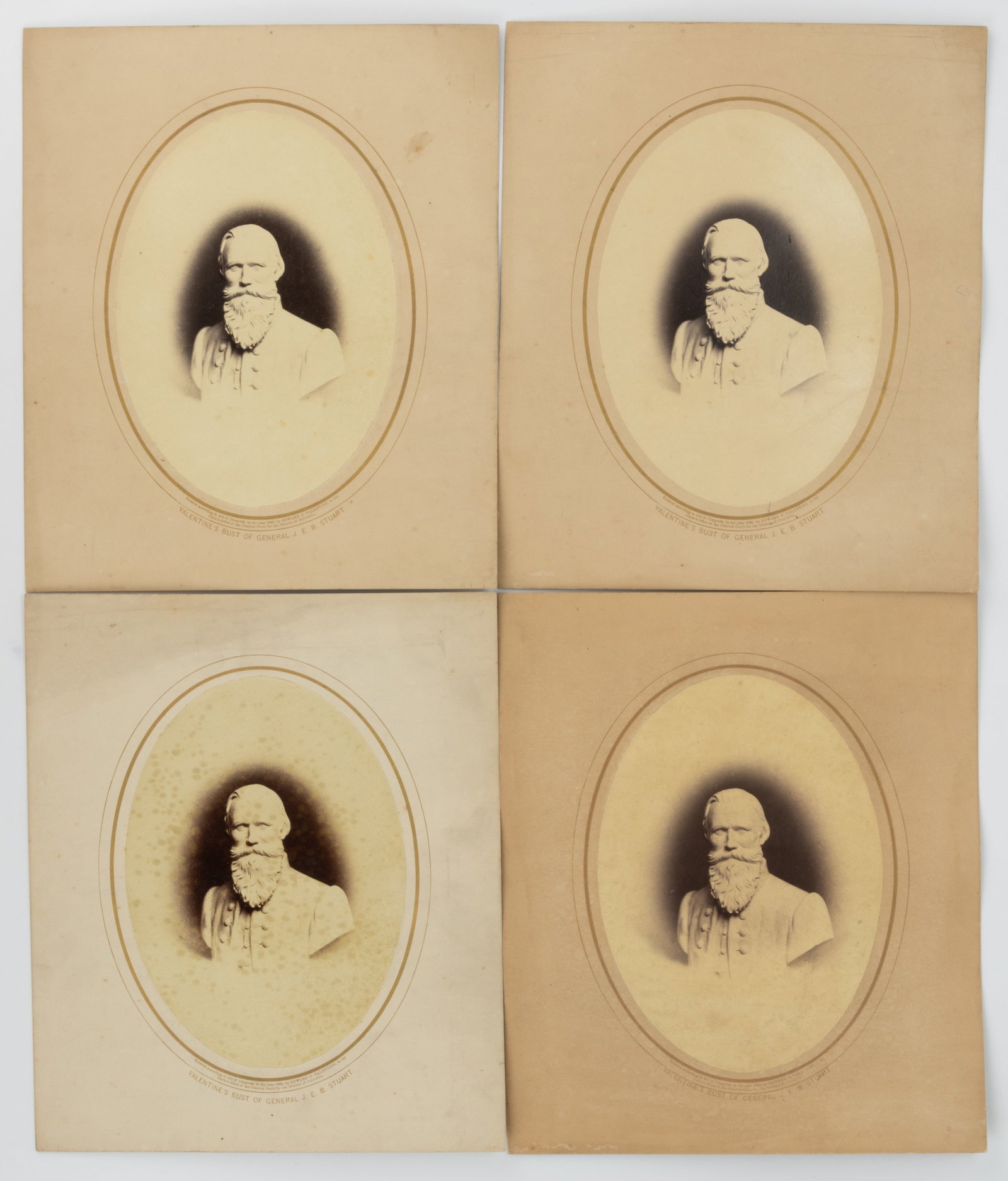 CIVIL WAR CONFEDERATE GEN. J.E.B. STUART PHOTOGRAPHS, LOT OF FOUR: CIVIL WAR CONFEDERATE GEN. J.E.B. STUART PHOTOGRAPHS, LOT OF FOUR, each albumen print on board of the bust by Edward V. Valentine (Richmond, VA, 1838-1930), each oval image gilt titled 