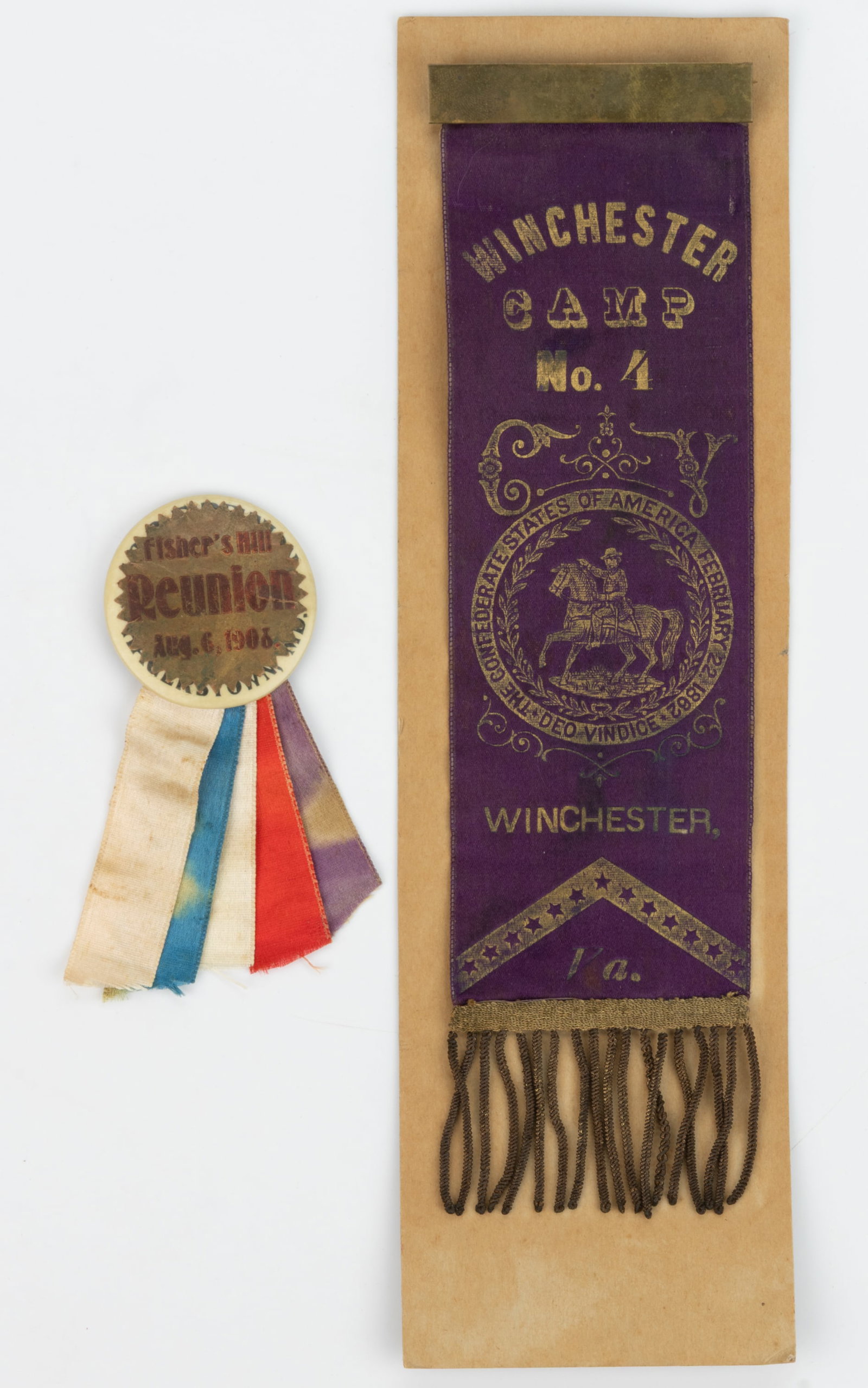 CIVIL WAR UNITED CONFEDERATE VETERANS (UCV) VIRGINIA REUNION BADGE AND RIBBON, LOT O F TWO: CIVIL WAR UNITED CONFEDERATE VETERANS (UCV) VIRGINIA REUNION BADGE AND RIBBON, LOT O F TWO, (1) Winchester Camp No. 4, Winchester, VA ribbon with brass bar pin and bullion fringe; and (2) "Fisher