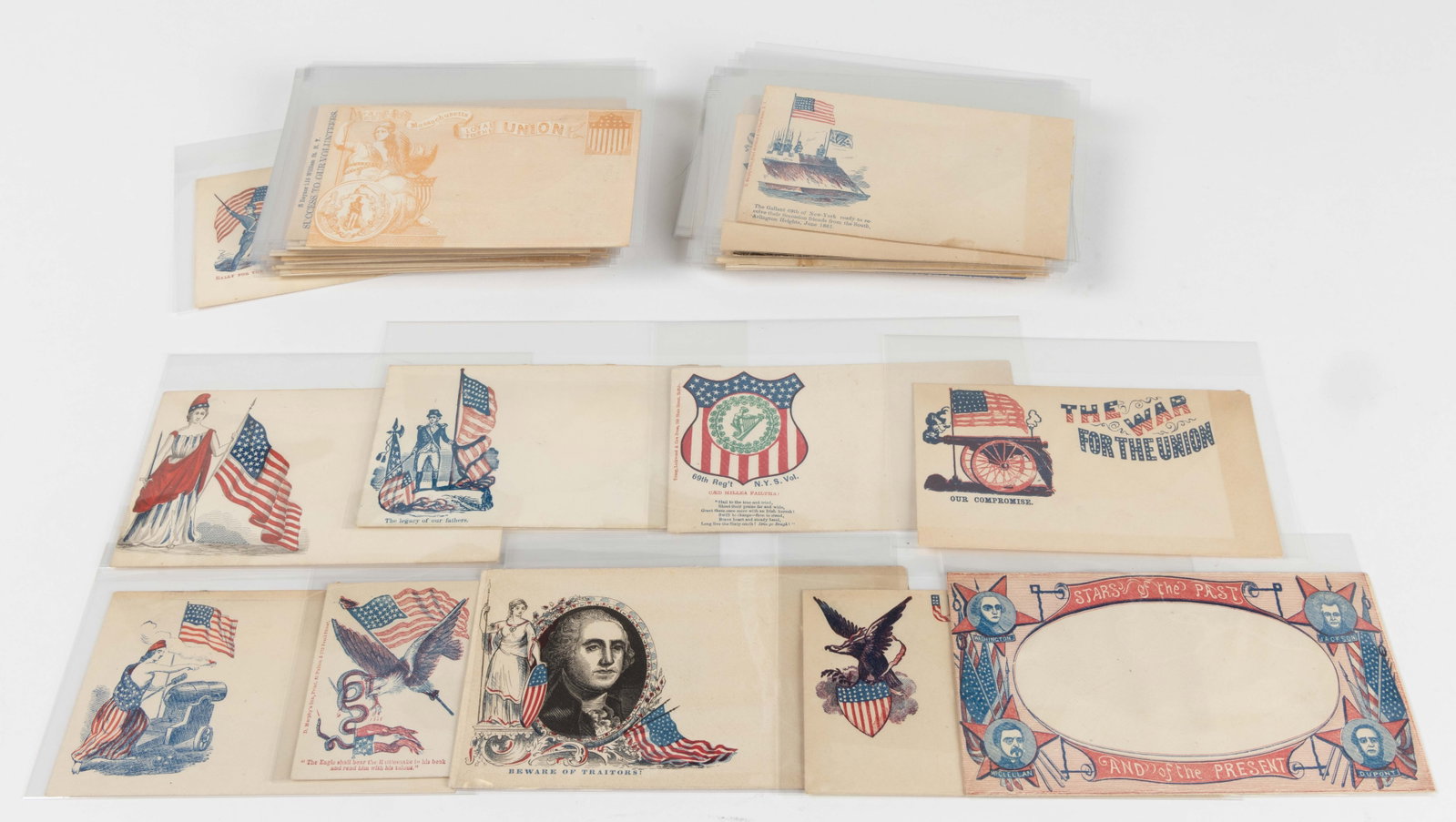 CIVIL WAR PATRIOTIC / SATIRICAL POSTAL COVERS, LOT OF 95: CIVIL WAR PATRIOTIC / SATIRICAL POSTAL COVERS, LOT OF 95, lithographed, many with flags, various portraits of Generals, many with George Washington, eagles, cannons, etc. 1861-1865. Largest: 3 1/