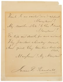 JAMES RYDER RANDALL (1839-1908) AUTOGRAPHED / SIGNED VERSE FROM "MARYLAND! MY MARYLAND!"